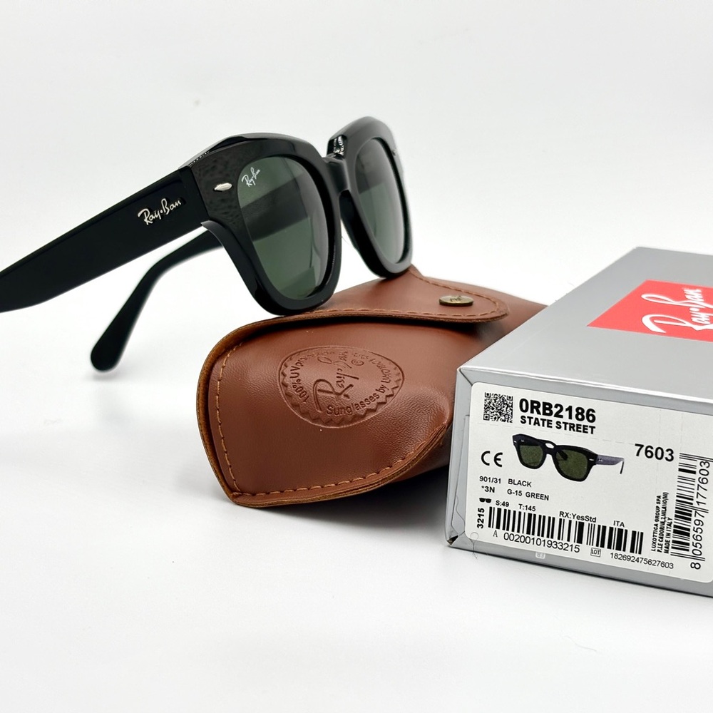 Womens State Street Black w/ Green G15 Lens RB2186 Black 90/31 49-145 - Picture 2 of 16